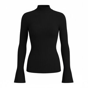 By Together Ribbed Mock Neck Black Fitted Sweater with Slit Bell Sleeve